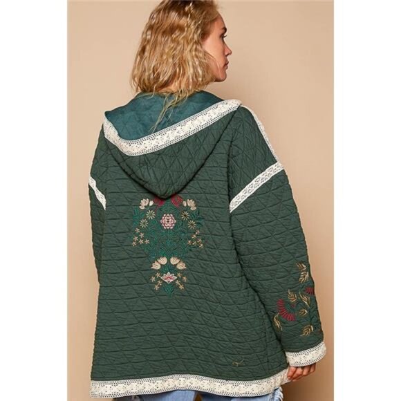 NWT POL‎ Embroidered Open Front Quilted Jacket with Crochet Pockets - Picture 2 of 6